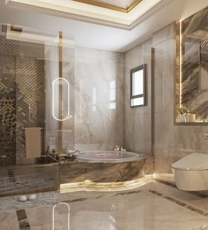 كابينة الاستحمام الزجاجية وحوض الاستحمام